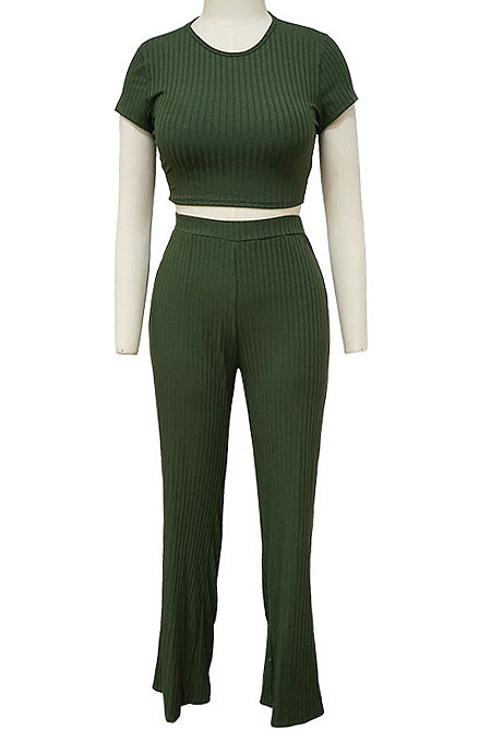 Wine Red Fashion Casual High Elastic Cotton Shor Sleeve Top Pure Color Ribber Loose Pants Sets MY9298-8