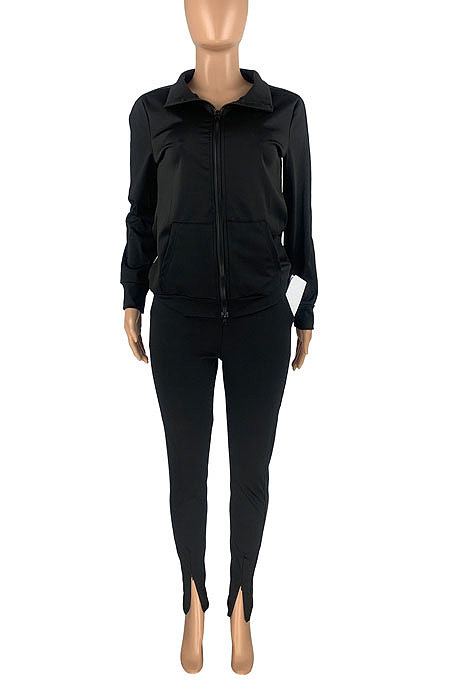 Khaki Sport Women Solid Color Zipper Cardigan Split Pants Sets HR8192 -3