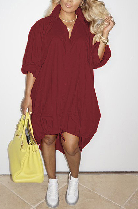 Grey Lapel Neck Long Sleeve Single-Breasted Loose Drawable Hem Shirt Dress WY6838-4