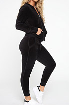 Black Women Korea Velvet Ribber Spliced Pure Color Long Sleeve Cardigan Hooded Casual Pants Sets Q950-3