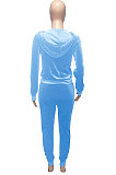 Light Blue Women Korea Velvet Ribber Spliced Pure Color Long Sleeve Cardigan Hooded Casual Pants Sets Q950-5