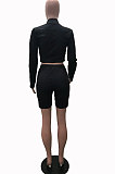 Gray New Wholesale Long Sleeve Stand Collar Zipper Crop Top Shorts Solid Color Sets YSH6162-3