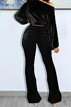 Black Wholesale Velvet Long Sleeve Oblique Shoulder Top Flare Pants Solid Color Sets YX9298-5