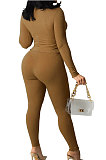 Camel Cotton Blend Long Sleeve Bandage Top Bodycon Pants Solid Color Sets ZNN9108-1