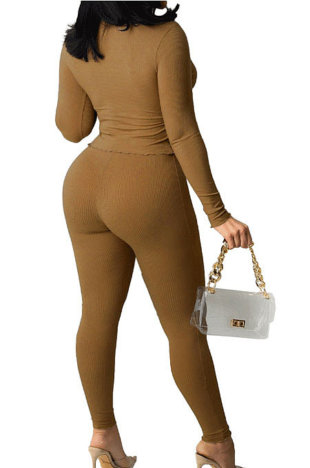 Camel Cotton Blend Long Sleeve Bandage Top Bodycon Pants Solid Color Sets ZNN9108-1
