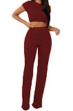 Gray Fashion Casual High Elastic Cotton Shor Sleeve Top Pure Color Ribber Loose Pants Sets MY9298-3