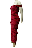 Pink Ruffle Sexy A Word Shoulder Bodycon Pure Color Korea Velvet Long Dress MY9351-1