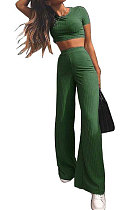 Green Fashion Casual High Elastic Cotton Shor Sleeve Top Pure Color Ribber Loose Pants Sets MY9298-6