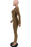 Red Cotton Blend Long Sleeve Bandage Top Bodycon Pants Solid Color Sets ZNN9108-2