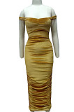 Yellow Ruffle Sexy A Word Shoulder Bodycon Pure Color Korea Velvet Long Dress MY9351-2