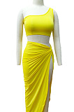Neon Green Euramerican Women Ruffle Solid Color One Shoulder High Split Skirts Sets MY9268-4