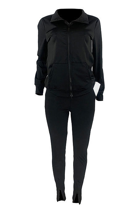 Khaki Sport Women Solid Color Zipper Cardigan Split Pants Sets HR8192 -3