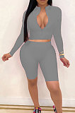 Coffee New Wholesale Long Sleeve Stand Collar Zipper Crop Top Shorts Solid Color Sets YSH6162-6