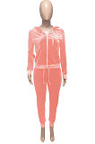 Light Blue Women Korea Velvet Ribber Spliced Pure Color Long Sleeve Cardigan Hooded Casual Pants Sets Q950-5