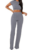 Wine Red Fashion Casual High Elastic Cotton Shor Sleeve Top Pure Color Ribber Loose Pants Sets MY9298-8