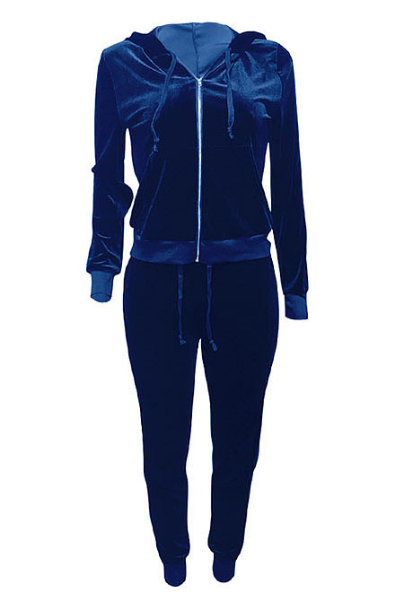 Black Women Korea Velvet Ribber Spliced Pure Color Long Sleeve Cardigan Hooded Casual Pants Sets Q950-3