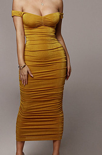 Yellow Ruffle Sexy A Word Shoulder Bodycon Pure Color Korea Velvet Long Dress MY9351-2