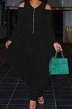 Black Euramerican Pure Color Off Shoulder Zipper Irregular Lower Hem Casual Jumpsuits NRS8079-2