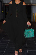 Black Euramerican Pure Color Off Shoulder Zipper Irregular Lower Hem Casual Jumpsuits NRS8079-2