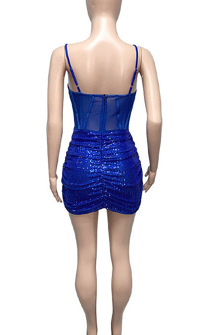 Red Euramerican Women Pure Color Sequins Sexy Condole Belt Strapless Perspectivity Mesh Spaghetti Skirts Sets Q949-1