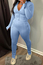 Light Blue Wholesale New Horn Sleeve Zip Fron Top Slit Pencil Pants Slim Fitting Two-Piece YX9295-2