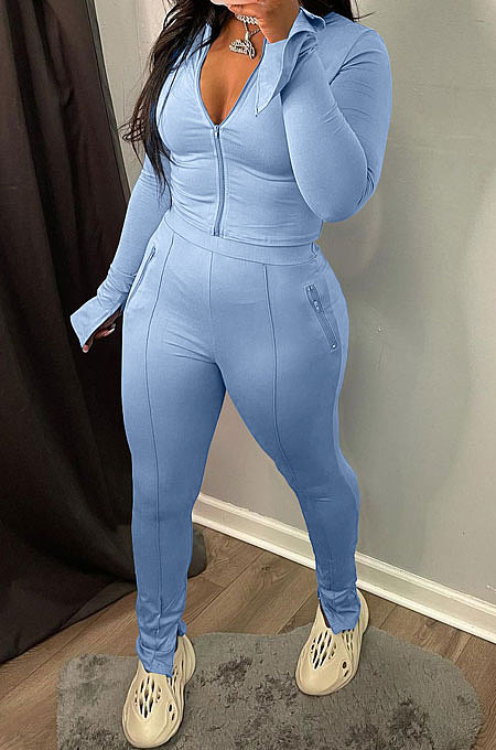 Light Blue Wholesale New Horn Sleeve Zip Fron Top Slit Pencil Pants Slim Fitting Two-Piece YX9295-2