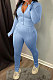 Light Blue Wholesale New Horn Sleeve Zip Fron Top Slit Pencil Pants Slim Fitting Two-Piece YX9295-2