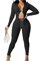 Black Cotton Blend Long Sleeve Bandage Top Bodycon Pants Solid Color Sets ZNN9108-3