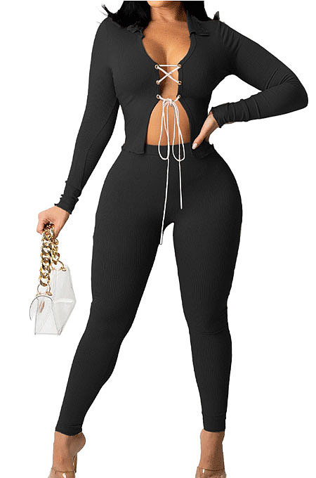 Black Cotton Blend Long Sleeve Bandage Top Bodycon Pants Solid Color Sets ZNN9108-3