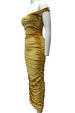 Yellow Ruffle Sexy A Word Shoulder Bodycon Pure Color Korea Velvet Long Dress MY9351-2