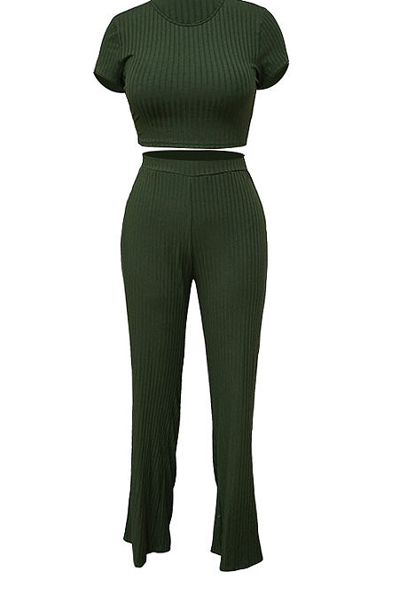 Green Fashion Casual High Elastic Cotton Shor Sleeve Top Pure Color Ribber Loose Pants Sets MY9298-6
