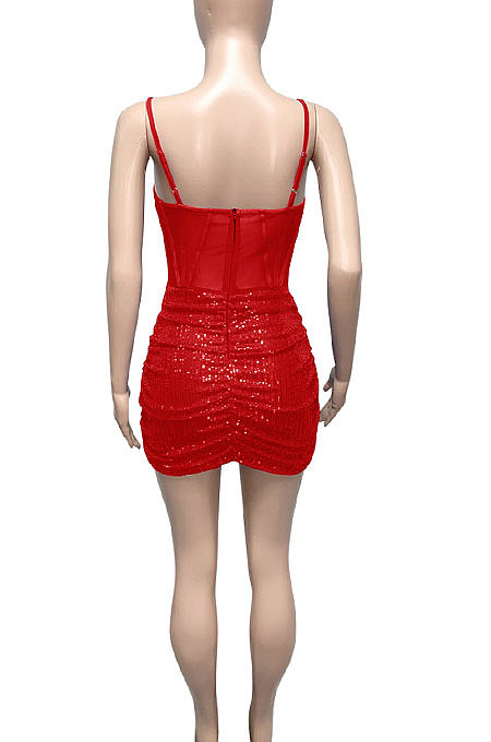 Red Euramerican Women Pure Color Sequins Sexy Condole Belt Strapless Perspectivity Mesh Spaghetti Skirts Sets Q949-1