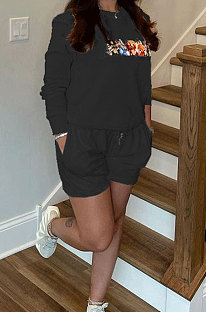Black Casual Pattern Print Long Sleeve Round Neck T-Shirt Shorts Sport Sets ZNN9109-2