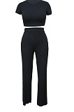 Yellow Fashion Casual High Elastic Cotton Shor Sleeve Top Pure Color Ribber Loose Pants Sets MY9298-1