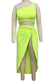 Neon Pink Euramerican Women Ruffle Solid Color One Shoulder High Split Skirts Sets MY9268-5