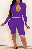 Coffee New Wholesale Long Sleeve Stand Collar Zipper Crop Top Shorts Solid Color Sets YSH6162-6