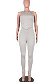 Gray Euramerican Fashion Women Tight Super Elastic Tank Pure Color Pants Sets HR8186-1