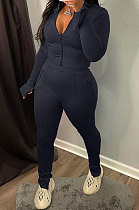Black Wholesale New Horn Sleeve Zip Fron Top Slit Pencil Pants Slim Fitting Two-Piece YX9295-4