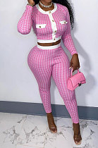Rose Red Women Autumn Winter Long Sleeve Button Top Printing Tight Pants Sets NRS8080-1