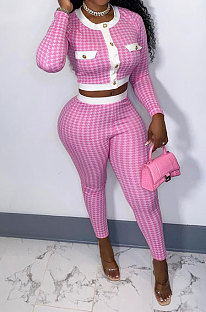 Rose Red Women Autumn Winter Long Sleeve Button Top Printing Tight Pants Sets NRS8080-1