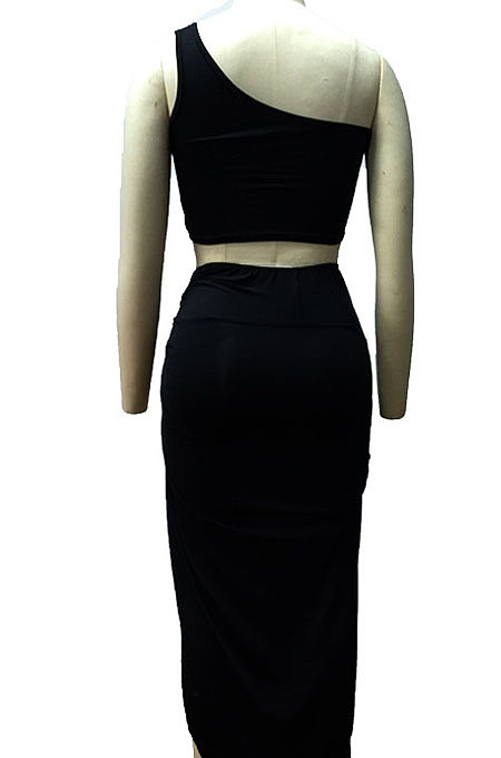 Neon Green Euramerican Women Ruffle Solid Color One Shoulder High Split Skirts Sets MY9268-4