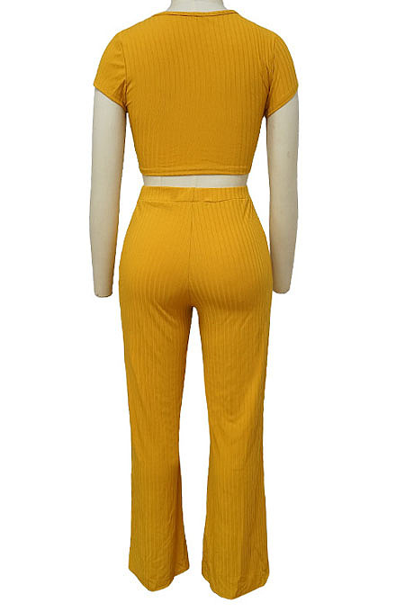 Pink Fashion Casual High Elastic Cotton Shor Sleeve Top Pure Color Ribber Loose Pants Sets MY9298-2