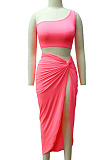 Neon Pink Euramerican Women Ruffle Solid Color One Shoulder High Split Skirts Sets MY9268-5