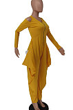Yellow Euramerican Pure Color Off Shoulder Zipper Irregular Lower Hem Casual Jumpsuits NRS8079-1