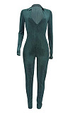 Brown Euramerican Women Korea Velvet Long Sleeve V Collar Zipper Sexy Solid Color Bodycon Jumpsuits ED8525-3