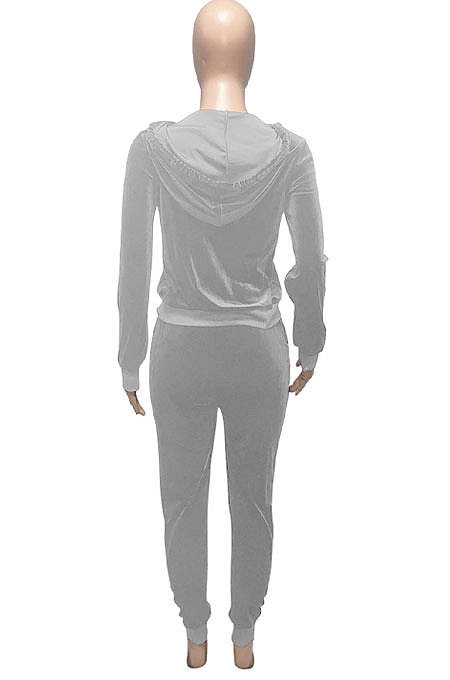 Black Women Korea Velvet Ribber Spliced Pure Color Long Sleeve Cardigan Hooded Casual Pants Sets Q950-3
