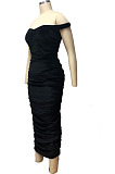 Pink Ruffle Sexy A Word Shoulder Bodycon Pure Color Korea Velvet Long Dress MY9351-1