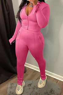 Rose Red Wholesale New Horn Sleeve Zip Fron Top Slit Pencil Pants Slim Fitting Two-Piece YX9295-3