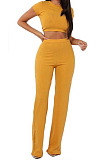 Gray Fashion Casual High Elastic Cotton Shor Sleeve Top Pure Color Ribber Loose Pants Sets MY9298-3