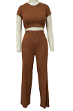 Black Fashion Casual High Elastic Cotton Shor Sleeve Top Pure Color Ribber Loose Pants Sets MY9298-4